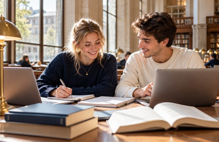 Illustratie: studenten in een universiteitsbibliotheek