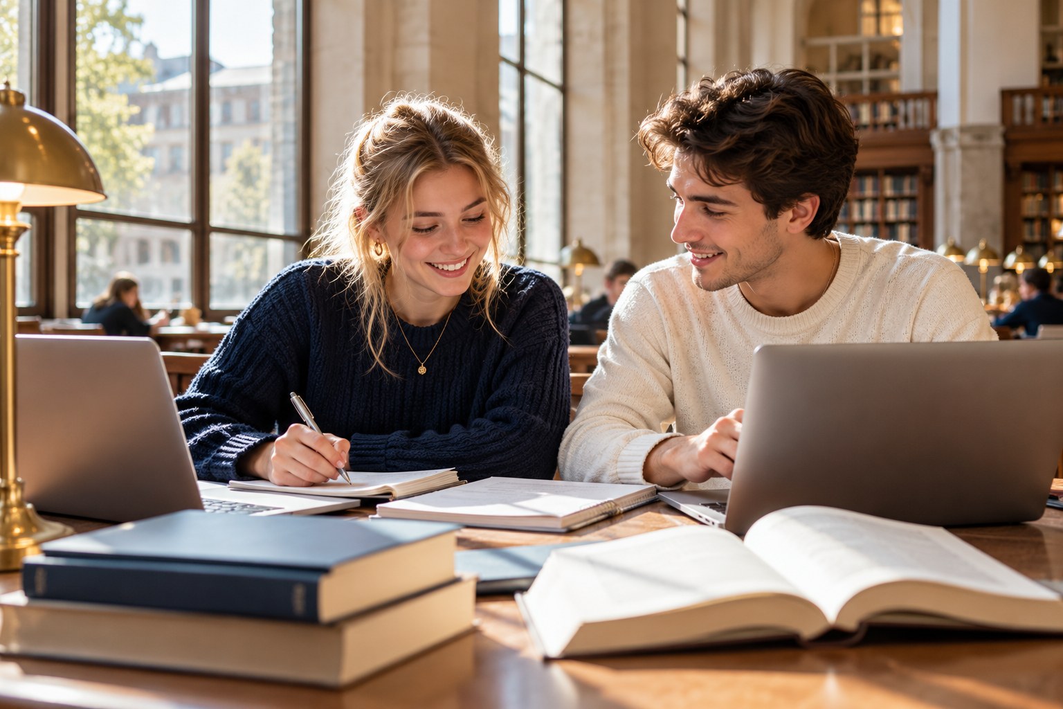 Illustratie: studenten in een universiteitsbibliotheek